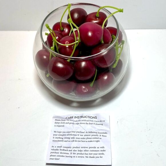 BOWL of CHERRIES Green Stems Glass Bowl Centerpiece Fruit Decor  Rim 4.5 in - Picture 6 of 12